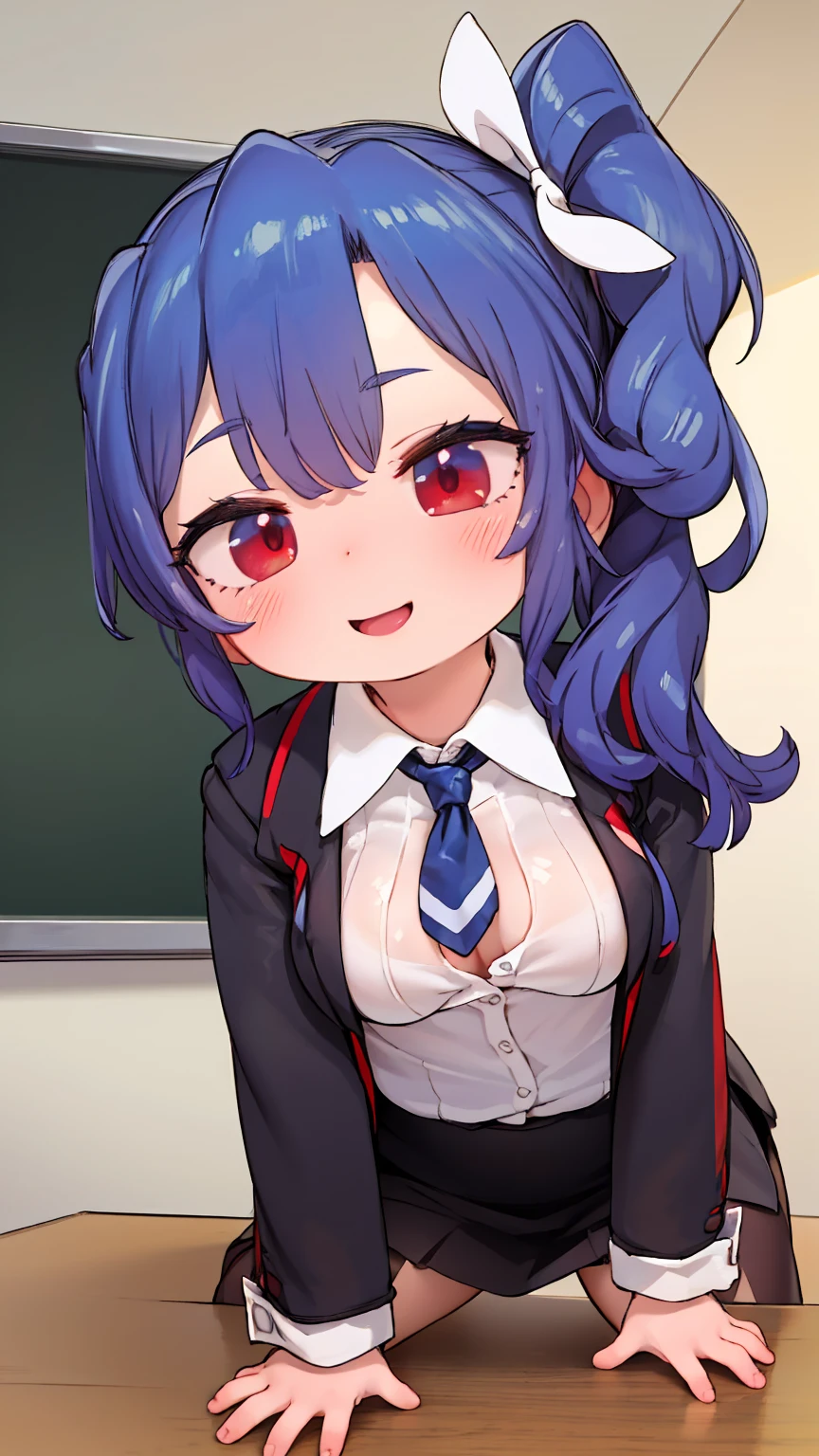 1 person,Wind wings, Mature Woman,Blue Hair, Long Hair, bangs, eye shadow, Low Ponytail, lipstick, Compensate, Detailed face, Red eyes,Big Breasts, Black jacket, White shirt, teacher,Suit skirt,office,smile,Sitting,On the table,