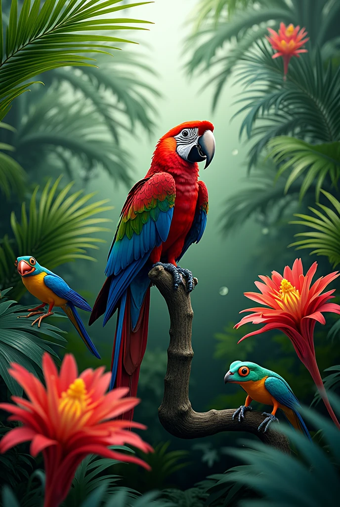 Create a background where the macaw is, ma heliconia and two Amazonian as main. Leave space in the center to be able to write lemon.