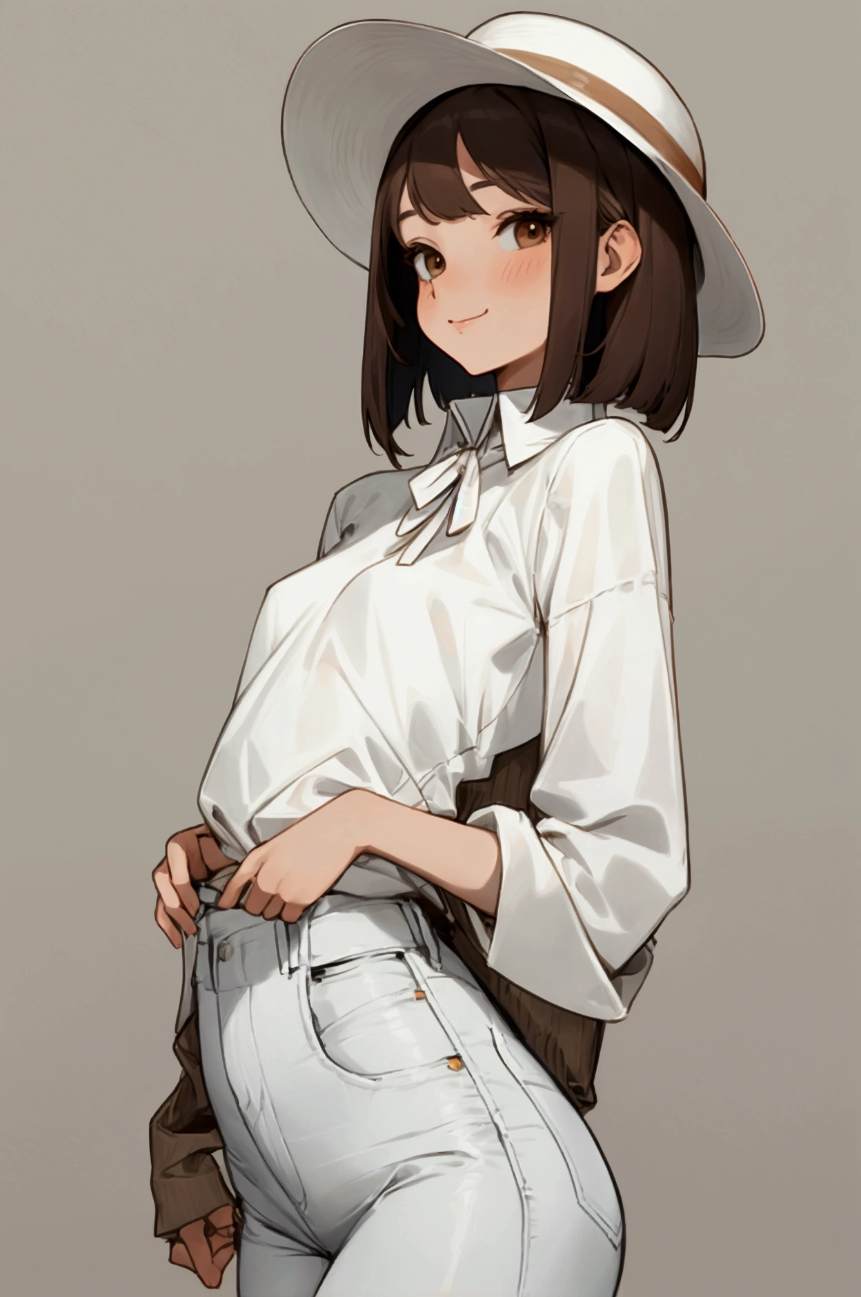 a painting of a young woman, soft thighs, small breasts, slim figure, regular sized brown eyes, white skin, wearing casual clothes: light gray long sleeve shirt with rolled-up sleeves, off-white Panama hat, slim jeans, shirt tucked into pants. slightly wavey hair(cut neck-length), kind facial features, hands at the sides, soft smiling expression, soft-brunette hair. soft shading, drawing outlines