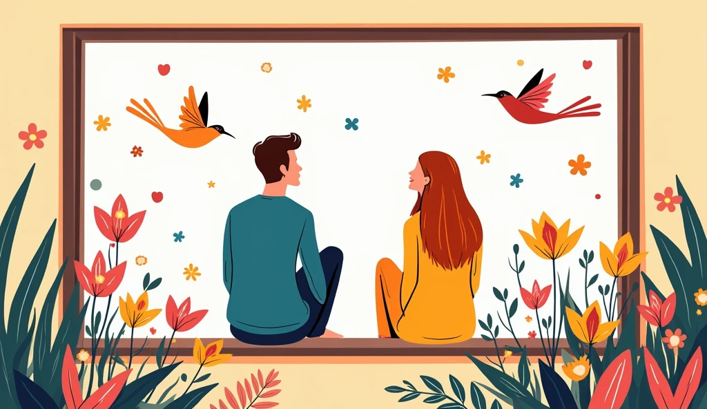alegria art, masterpiece, best quality, minimalist line style, Illustration, lineart, line art, simple art, vector art, memphis art style, corporate memphis style, man and woman sitting in the window, bright colors, birds, flowers