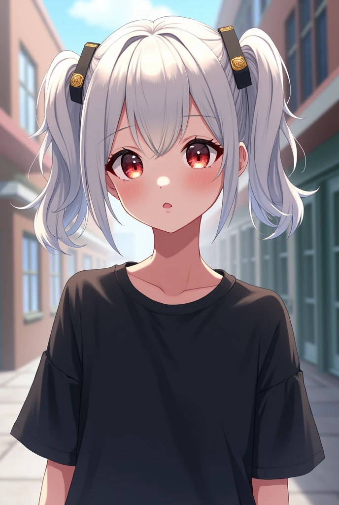 Female character white hair with pigtails black shirt student style