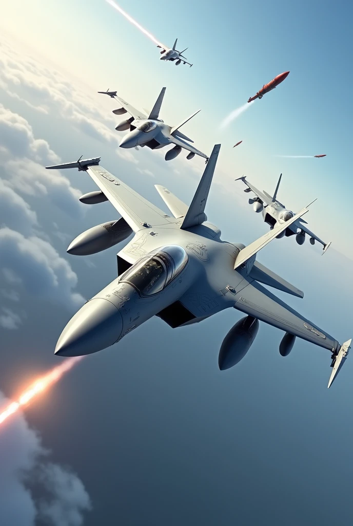 high resolution、high quality、Real、Realistic、Realな質感、Realistic、F25 Fighter Plane、Aerial、Turning、multiple、Super detailed、High resolution、The moment the missile is fired、