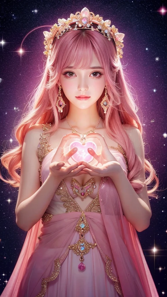 Goddess holding a heart-shaped pink stone　mysterious　Light Pink Background　The starry sky goddess faces straight ahead　Sparkling　Light　Kind Face　Adorable impression fortune telling　Fantasy