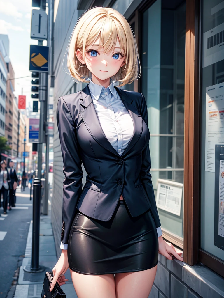 Anime style, super fine illustration, highly detailed, beautiful detailed, perfect detailed, super high quality image, static representation, gentle expression, happy expression, the pretty image, super stylish, 8k, pretty 1girl with blonde straight short hair & blue eyes & a bright smile & full bust & soft fair skin is a career woman supervisor who is not to show her skin wearing big light blue business shirt & black summer tailored jacket & black tight skirt & black pantyhose on the urban business buildings street, in the morning, solo, perfect fingers, no more fingers, no less fingers, perfect arms, no more arms, perfect legs, no more legs, no more hair, masterpiece.