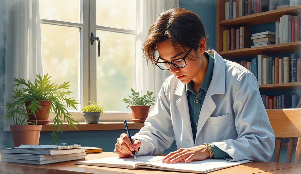 water color art, Image of a neuroscientist studying human brain behavior in a study room