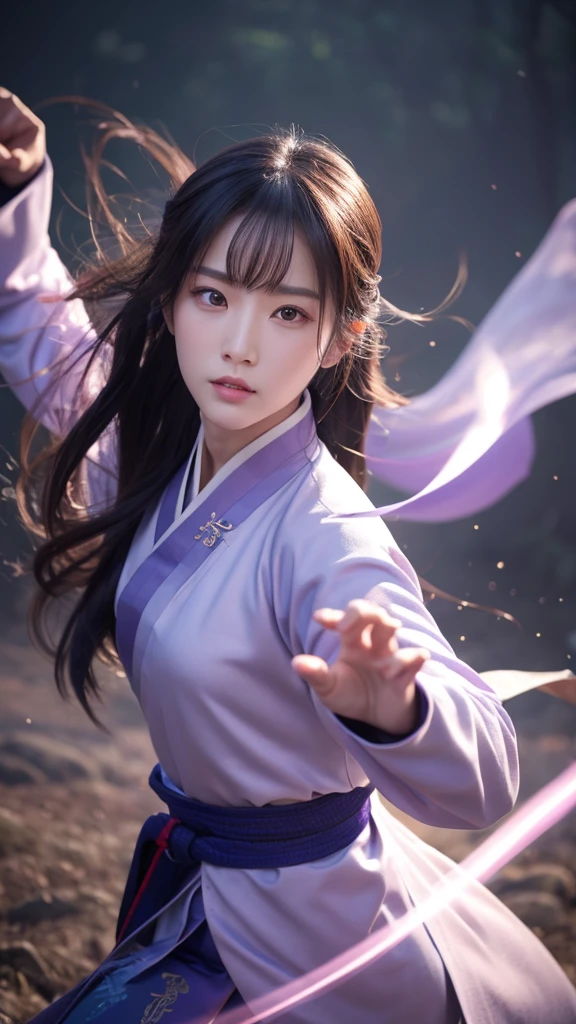 Handsome Chinese woman, Sharp eyes, Distinct facial features, Wearing Hanfu, Combat Stance, Martial arts movements, A body enveloped in purple mist, Runes, Holographic Reality, Holographic Halo, Motion Blur, Game light effect, Edge Light, Soft Light, movie Edge Light, Delicate Light, masterpiece, Very detailed, A magnificent composition, Super HD, high quality, 最high quality, 32K