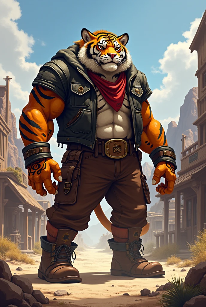 I would like a large, strong, bipedal tiger like rath from ben 10, dressed in gang attire.I would like it to be in a mature style, with the art in a fantasy and RPG style set in the Old West.