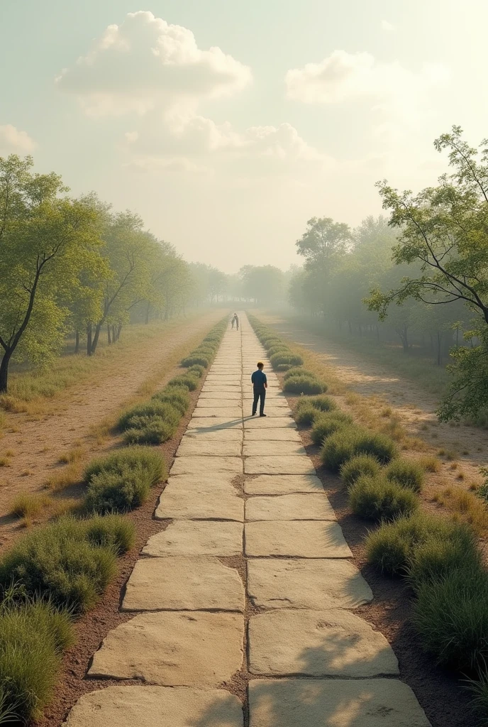 An engineer looking at the flat terrain where he will put a U-shaped garden and in the garden he has a straight path
