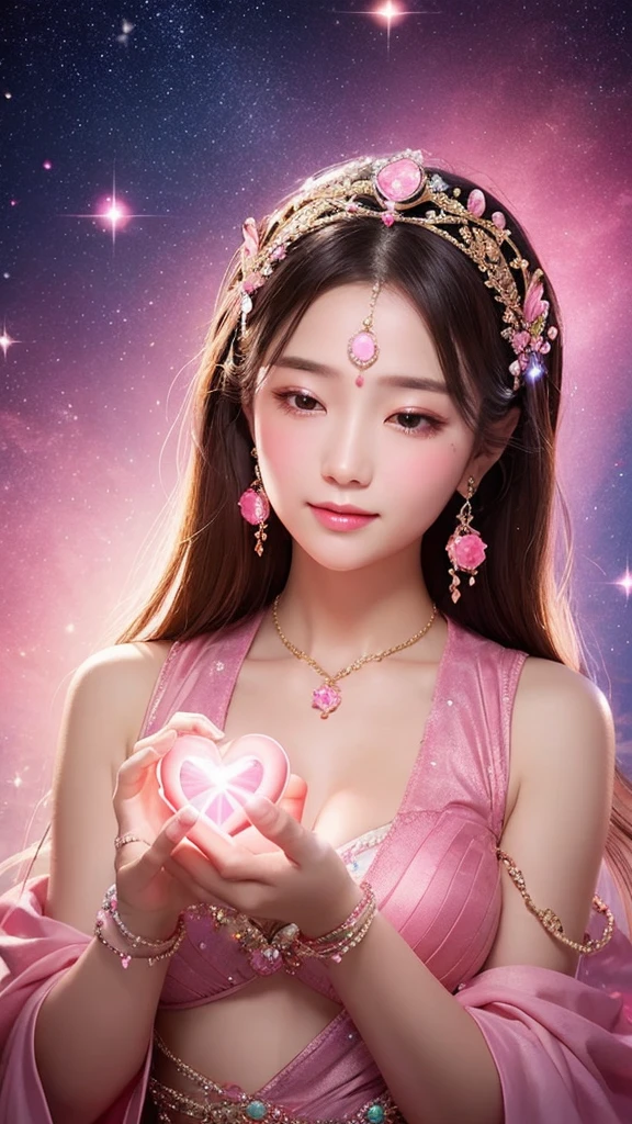 Goddess holding a heart-shaped pink stone　mysterious　Light Pink Background　The starry sky goddess faces straight ahead　Sparkling　Light　Kind Face　Adorable impression fortune telling　Fantasy