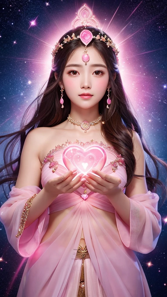 Goddess holding a heart-shaped pink stone　mysterious　Light Pink Background　The starry sky goddess faces straight ahead　Sparkling　Light　Kind Face　Adorable impression fortune telling　Fantasy