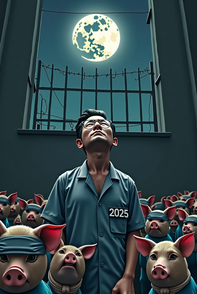 A middle-aged Korean man with squinted eyes and glasses looks up at the bright moon through the bars of a small window in a high prison cell with a very distressed expression and tears streaming down his face.. The moon is wearing glasses and is looking down at the prisoner with a strange smile.. The prisoner has slicked-back hair, is wearing a prison uniform, and has a prisoner number of 2025..Outside the prison window is a high wall topped with barbed wire.. Below the wall, dozens of ugly sows are crying and screaming with angry expressions while looking at the prisoner.. All the pigs are wearing blue vests and have headbands on their heads..