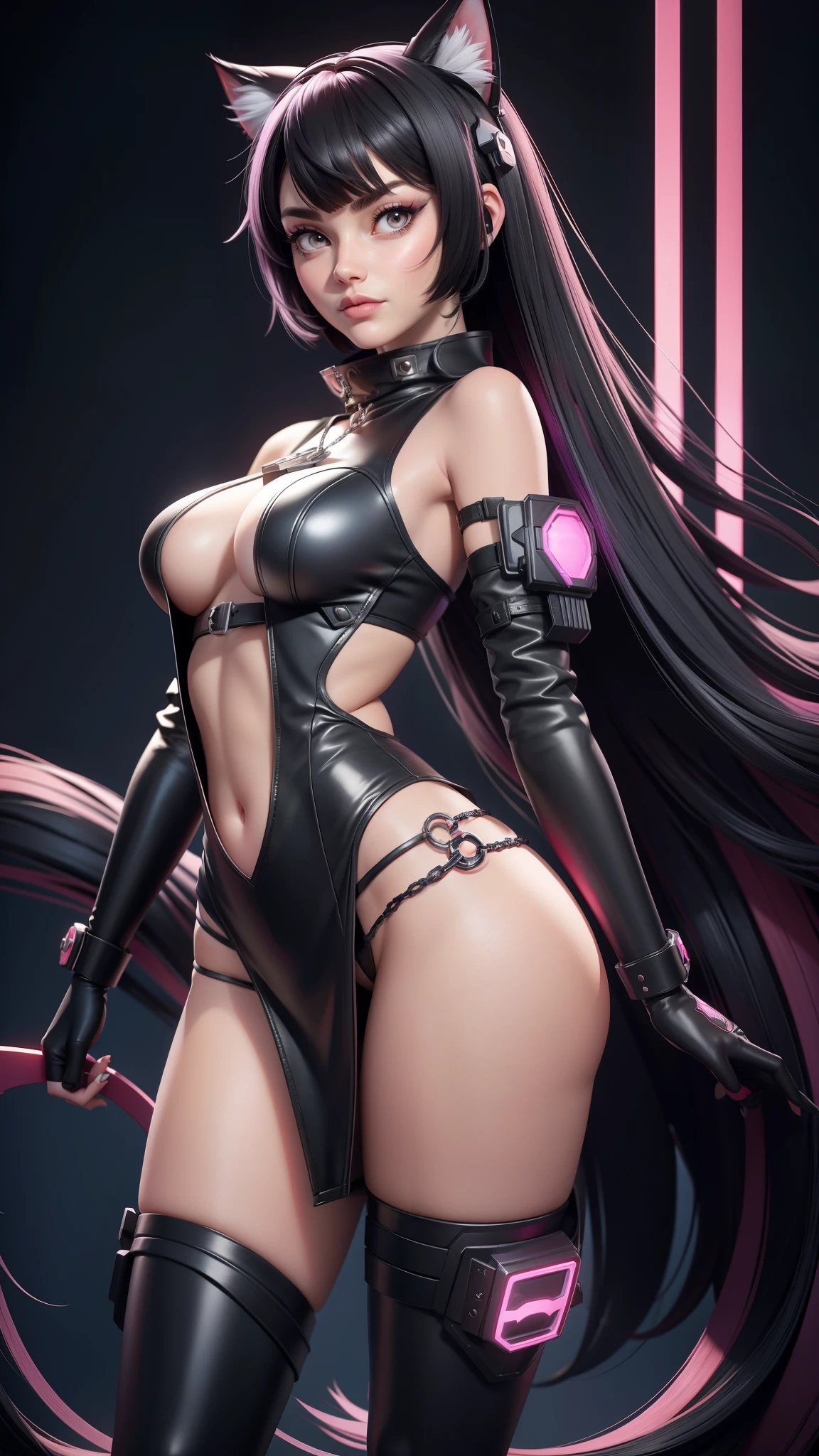 a girl in a revealing black and white underwear with a cat ears and a chain around her, seductive anime girl, showing lots of skin, cyberpunk anime girl, anime cyberpunk art, female cyberpunk anime girl, female anime character, beautiful alluring anime girl, female action anime girl, with red glowing eyes, demon anime girl, anime girl, from arknights, beautiful anime catgirl, anime girl