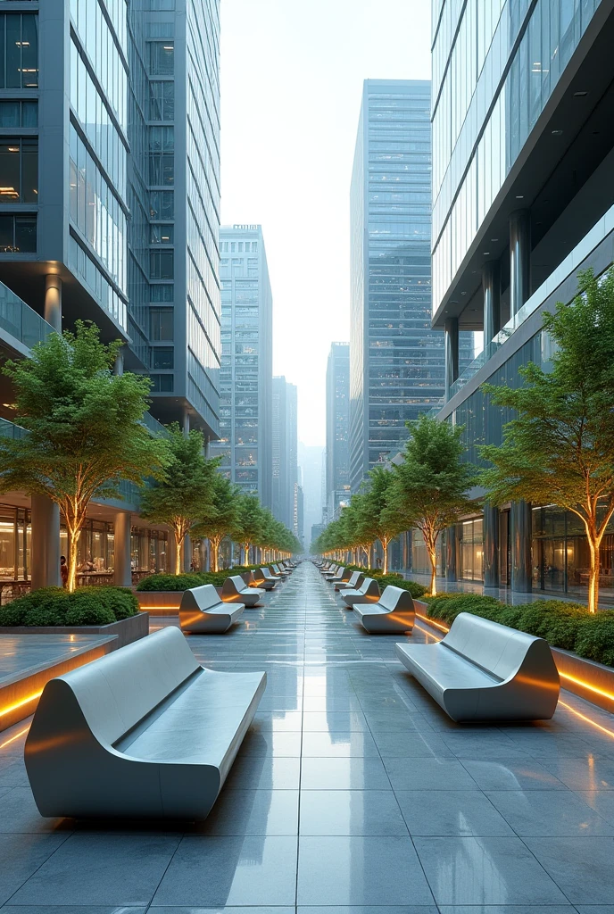 Create a modern and futuristic style plaza with benches and planters 
