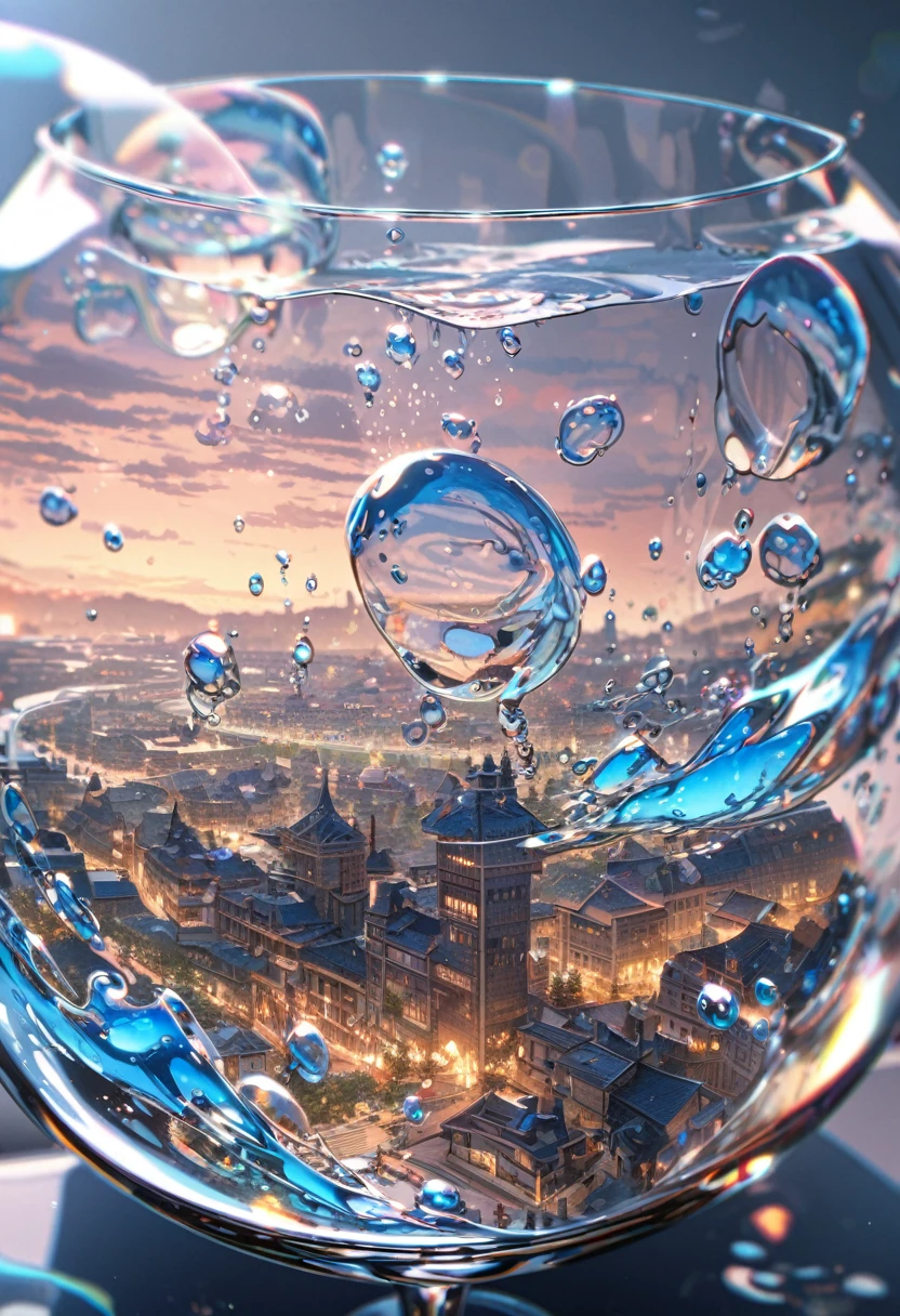 Super detailed, 8k, glass, Water in a glass, bubble, Right blue water, nice, bright、A small city in glass