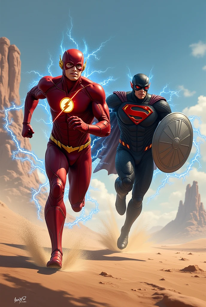 I want an illustration of Ezra Miller's Flash with Asian features and an aquiline nose., with large copper armor on his body and running in the desert between blue electric rays and chased behind by Zod with Henry Cavill's face flying with his black armor and the flying black cape and the shield with the silver letter S on his chest, Shooting red rays from his eyes