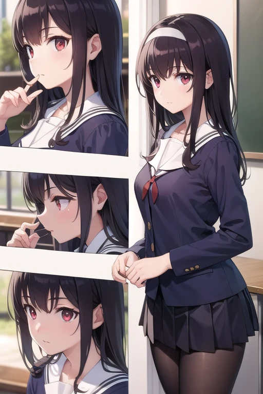 kasumigaokautaha, utaha kasumigaoka, black hair, hairband, long hair, (red eyes:1.5),
BREAK long sleeves, school uniform, skirt, pantyhose,
BREAK looking at viewer,
BREAK indoors, classroom,
BREAK (masterpiece:1.2), best quality, high resolution, unity 8k wallpaper, (illustration:0.8), (beautiful detailed eyes:1.6), extremely detailed face, perfect lighting, extremely detailed CG, (perfect hands, perfect anatomy),