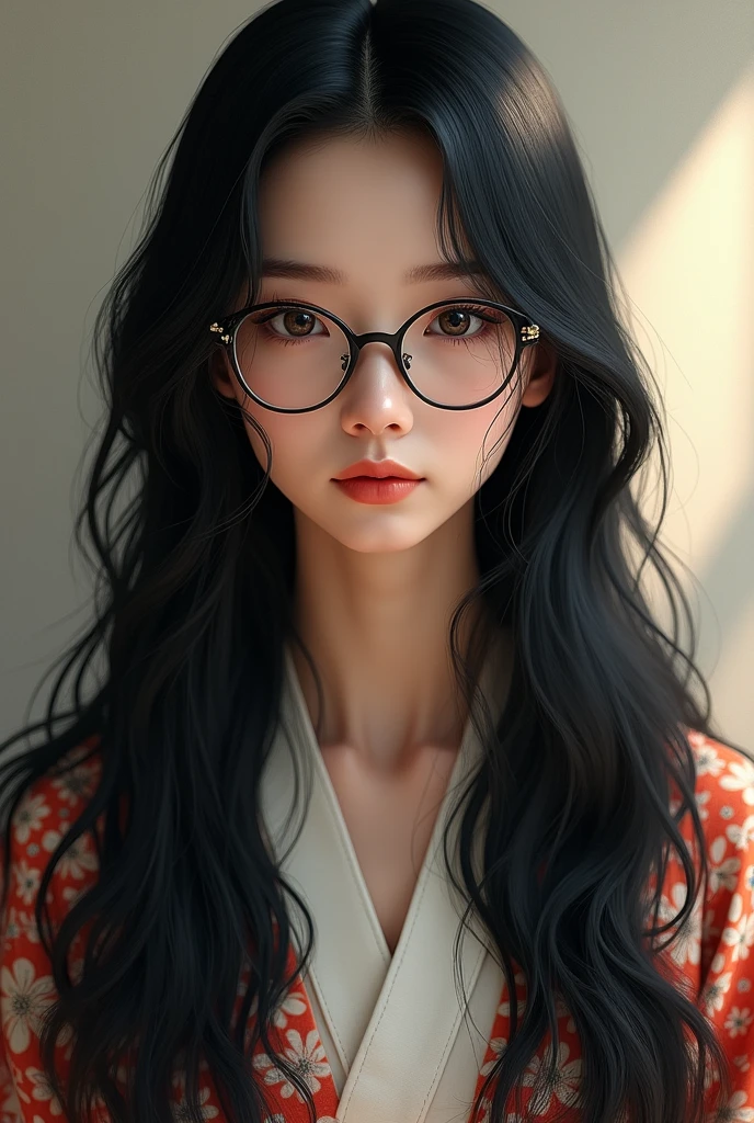 Long black hair、Wearing glasses、Beauty。
Wearing Japanese clothing。