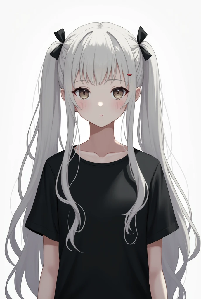 female character, white hair with pigtails, black student style shirt