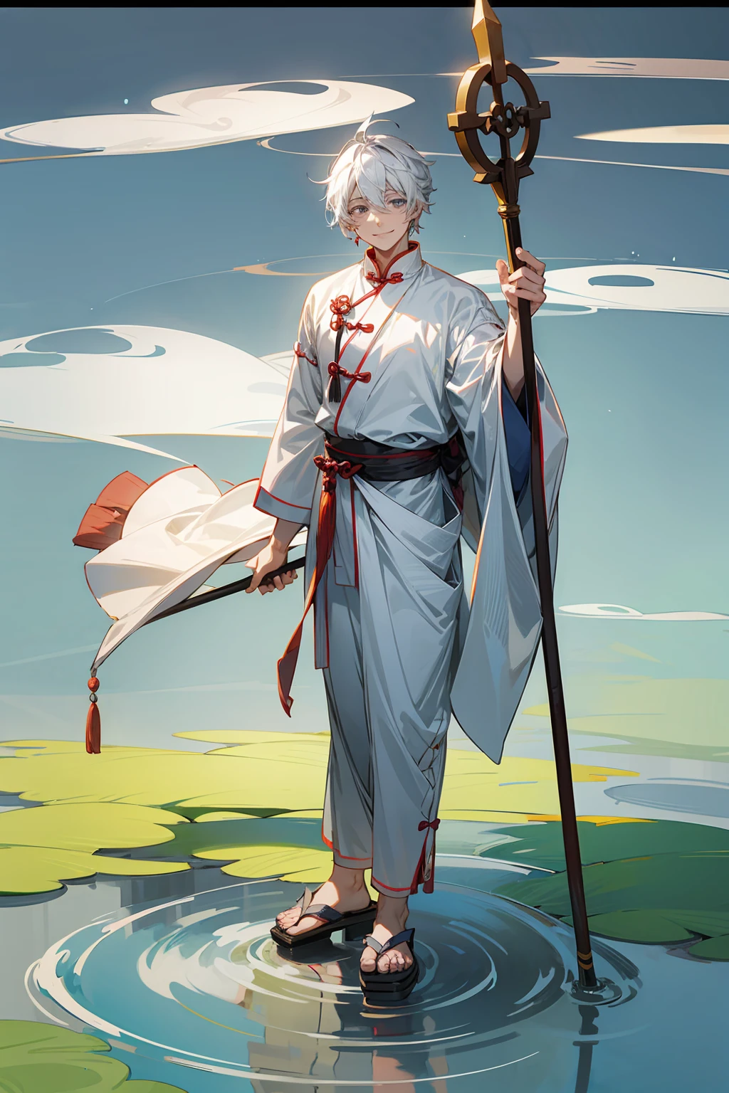 1male, Adult, Grey Colored Eyes, White Hair, Sandals, Smile, Chinese Outfit, Standing On Pond, Staff