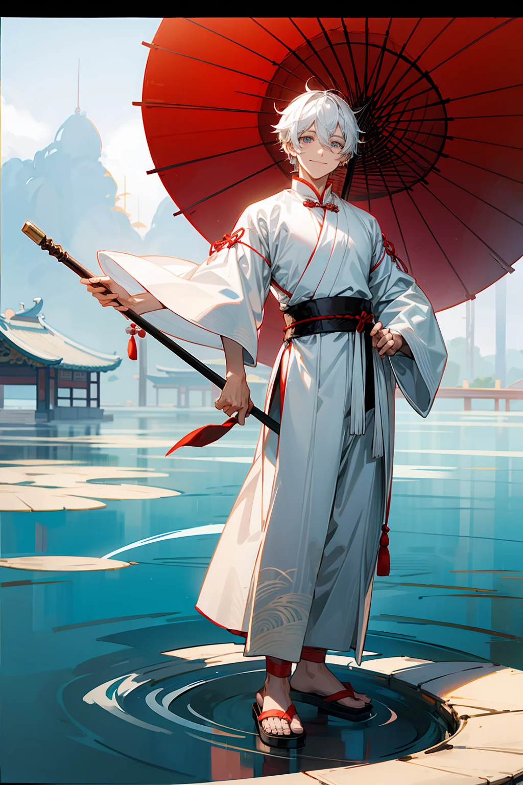 1male, Adult, Grey Colored Eyes, White Hair, Sandals, Smile, Chinese Outfit, Standing On Pond, Staff