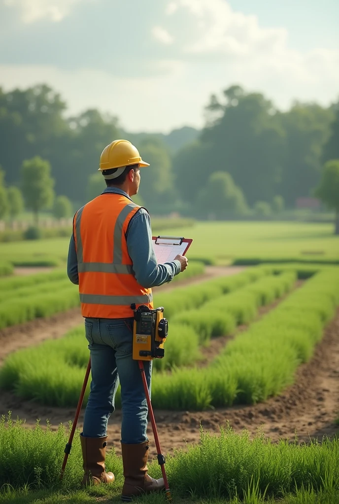 An engineer looking at the flat terrain where he will put a U-shaped garden