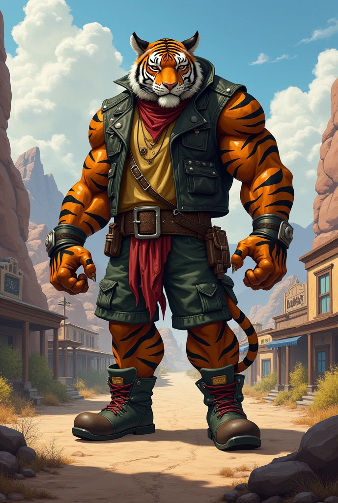 I would like a large, strong, bipedal tiger like rath from ben 10, dressed in gang attire.I would like it to be in a mature style, with the art in a fantasy and RPG style set in the Old West.