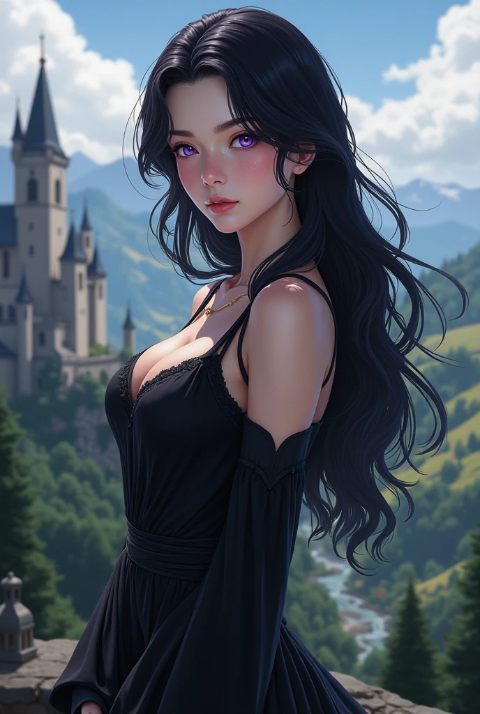 A beautiful 20 year old woman with black hair, DARK purple eyes, freckles on her face and fair skin with a slender body and black clothes. Anime traits in medieval times.