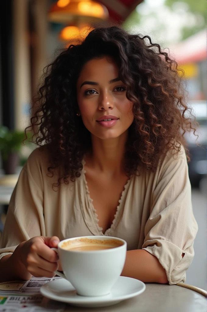 A real photograph of a woman with Brazilian features, almond shaped eyes and curly hair, Having a coffee