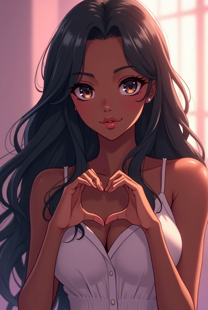 A black woman with long, dark hair, Making heart with your hands ,in anime