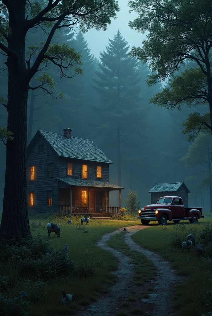 a wooden house, far from the city, A farm, a cabin near the house, some animals around, practically isolated in the middle of the forest, just an old wine colored pickup truck outside the house, the night, dark image