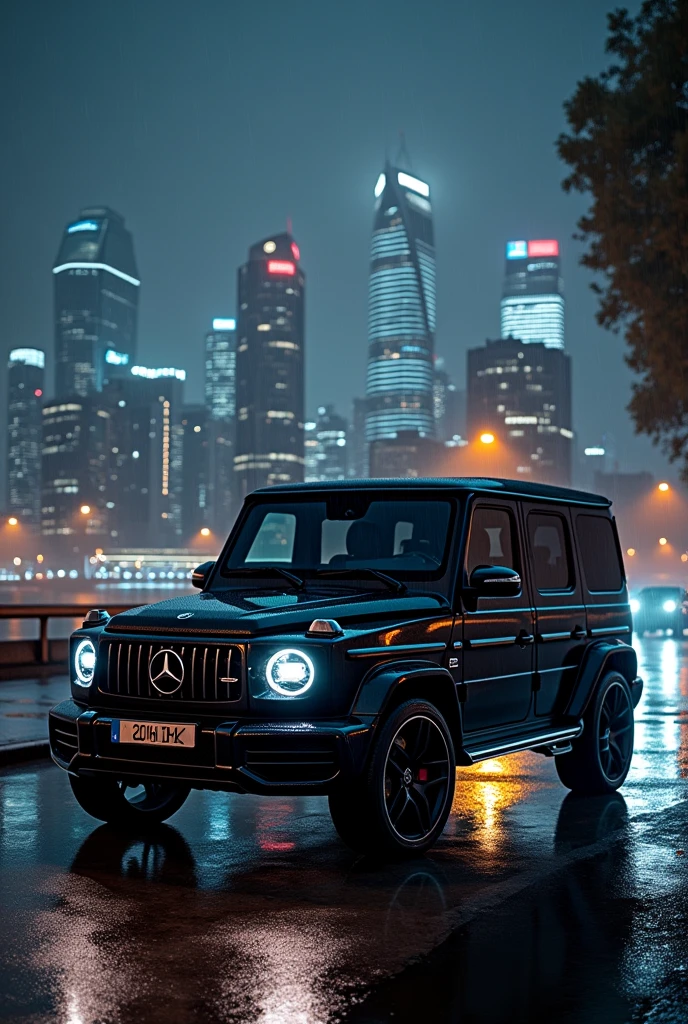Mercedes g63 in front of the Frankfurt am Main skyline at night and in the rain