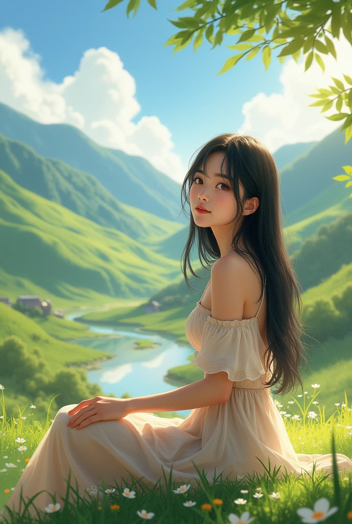 Japens girl sit in valley with off shoulder top