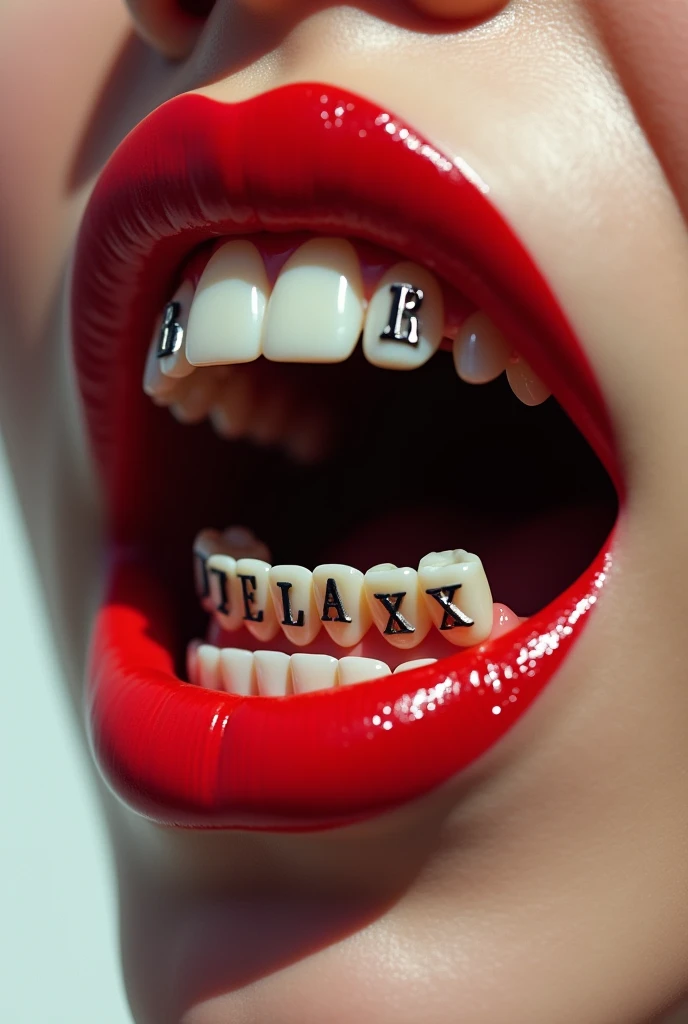 a realistic and very vivid female mouth with red lipstick and teeth showing , grill on the teeth .in the upper teeth "lab " and in the lower teeth "Delaxx" 