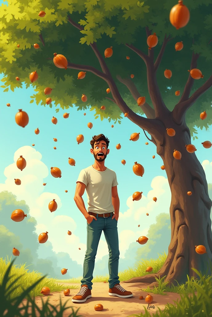 Nuts falling on the head of the man under the tree