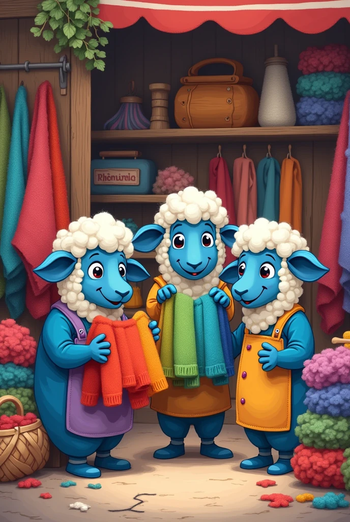 Three  cute  cartoon  blue sheep  shopkeeps standing on  their  woolen products  shop  dealing  with two old ladies  asking for rainbow colour coats and  scarfs