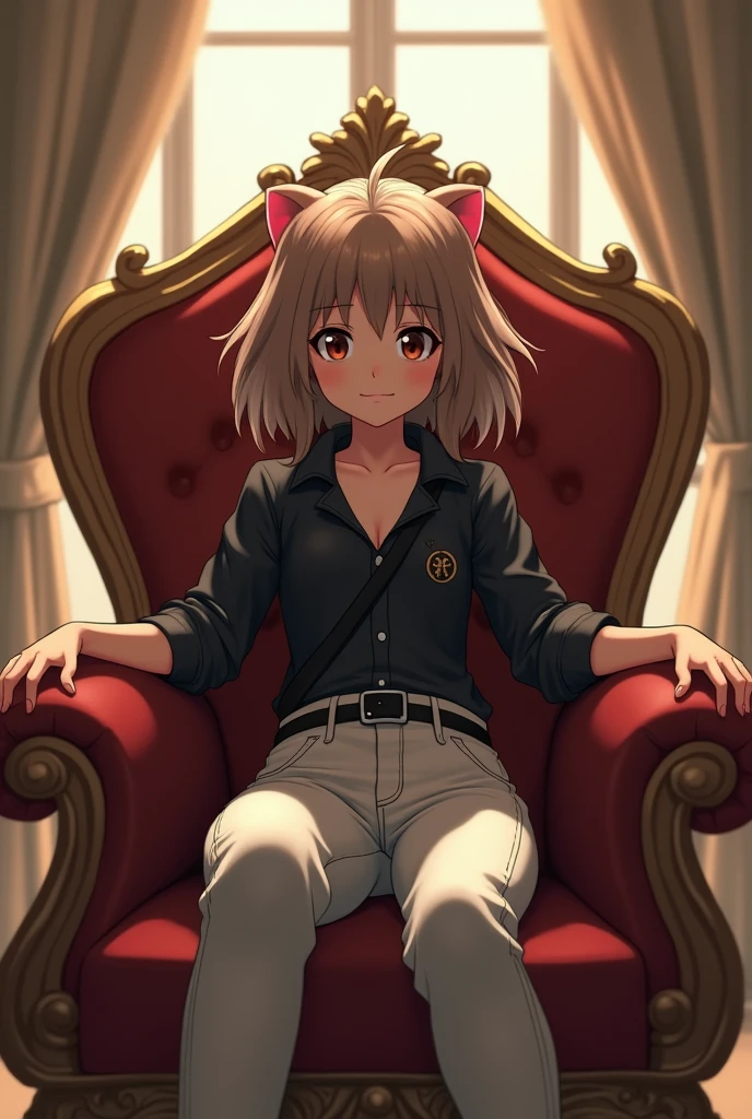 androgynous, beautiful, half human, half guinea pig, sitting on a throne, lasts, black buttoned shirt, white pants, black strap, black shoe, brown hair and white streak, interior, Soft lighting, spy painting pictures, window with sunlight, cozy room, relaxed pose, docile and noble, Seductive, cute, SERIOUS LOOK, vtuber and anime details