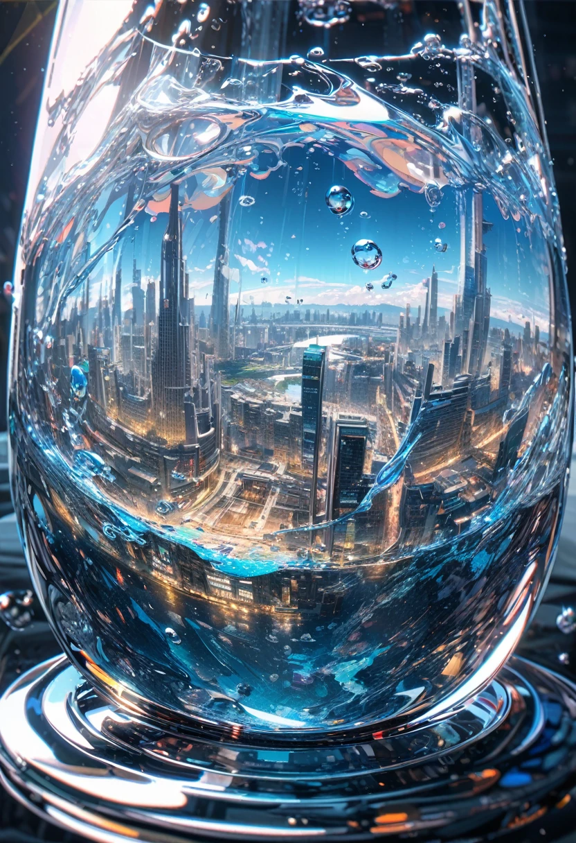 Super detailed, 8k, glass, Water in a glass, bubble, Right blue water, nice, bright、A small futuristic city in glass