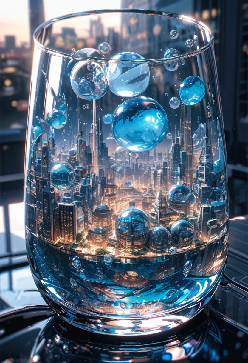 Super detailed, 8k, glass, Water in a glass, bubble, Right blue water, nice, bright、A small futuristic city in glass