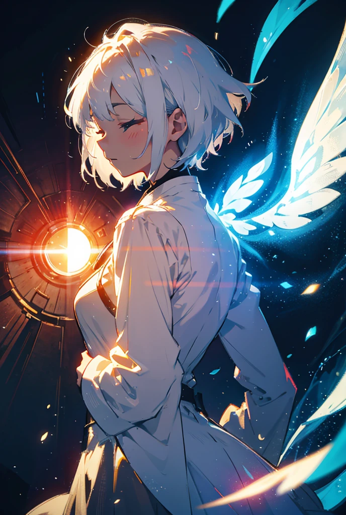 1, short hair, Close eyes, Backlight, The side of the character, white hair,