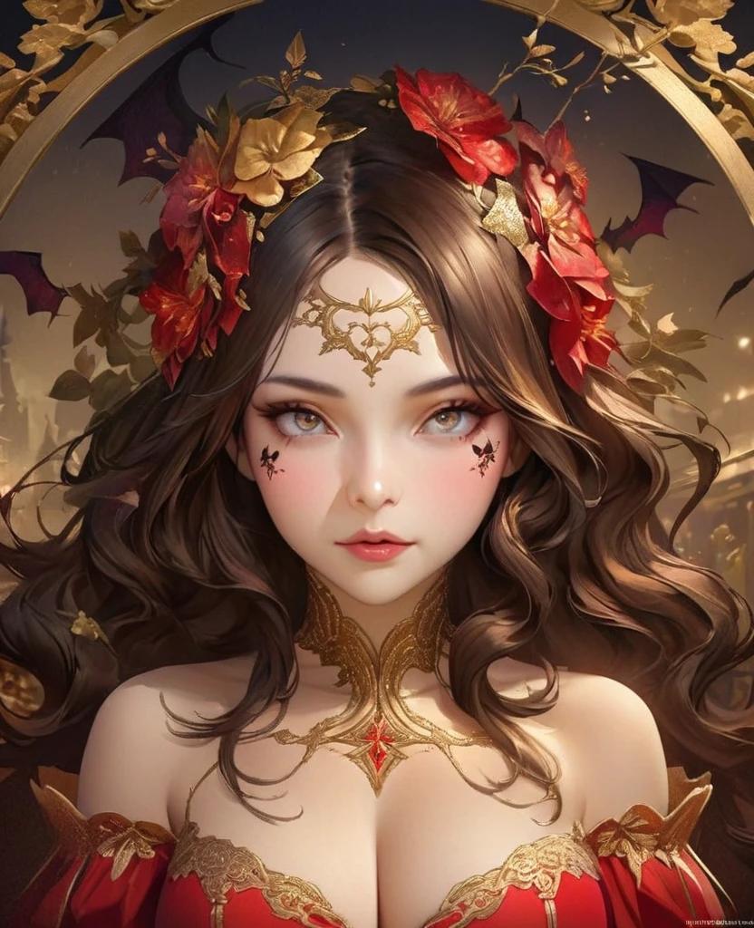 A close-up realistic and artistic portrait painting of a fairy she has a long vibrant sky gold wavy hair styled in loose curls with bangs framing her forehead, adorned with a red floral bow, big tits sexy sensual all black serene and contemplative expression, next to her right eye there is a small detailed bat wing tattoo, featuring intricate black and gold patterns with sparkling accents and fine lines resembling veins, The tattoo, consists of delicate gold lines forming the wings, with small white dots representing scales. Small white decorative elements resembling flowers, arrows, or tiny branches extend from the wings, creating a sense of depth, wearing a red dress with off-the-shoulder sleeves featuring white lace trim and ruffles with intricate designs, A ribbon is tied into a bow at the center front of the dress, which has a deep V-neckline., Her expression is calm and gentle The scene is set in an elegant room with walls and a matching curtain featuring subtle butterfly design, The lighting is soft and even, highlighting the subject's facial ,The overall composition is centered and balanced, creating a whimsical, enchanting, and inviting mood, 8k, photorealistic, trending on ArtStation .by Galr Dfh