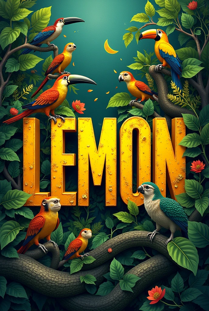 Create letters that say lemon and that around them there are animals from the Ecuadorian Amazon
