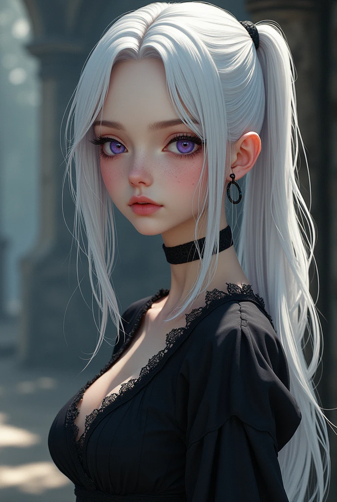 A beautiful 20 year old woman with shoulder length white hair, with a short ponytail, DARK purple eyes, freckles on her face and fair skin with a slender body and black clothes. Anime traits in medieval times.