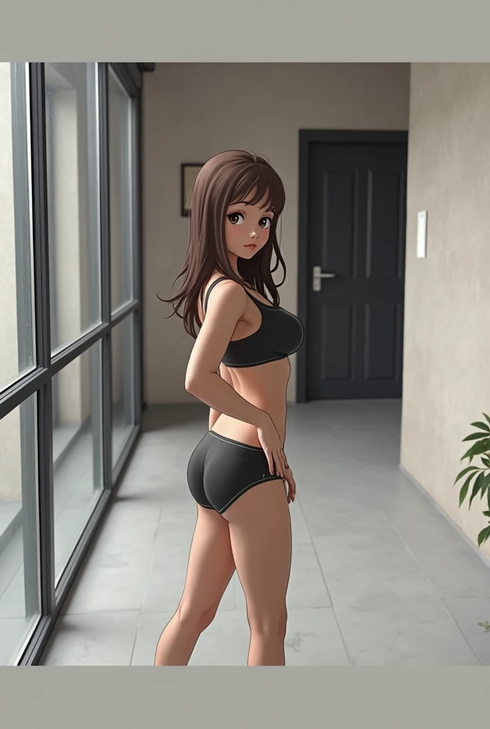 ung girl, thick legs, big buttown hair, (in a gym)