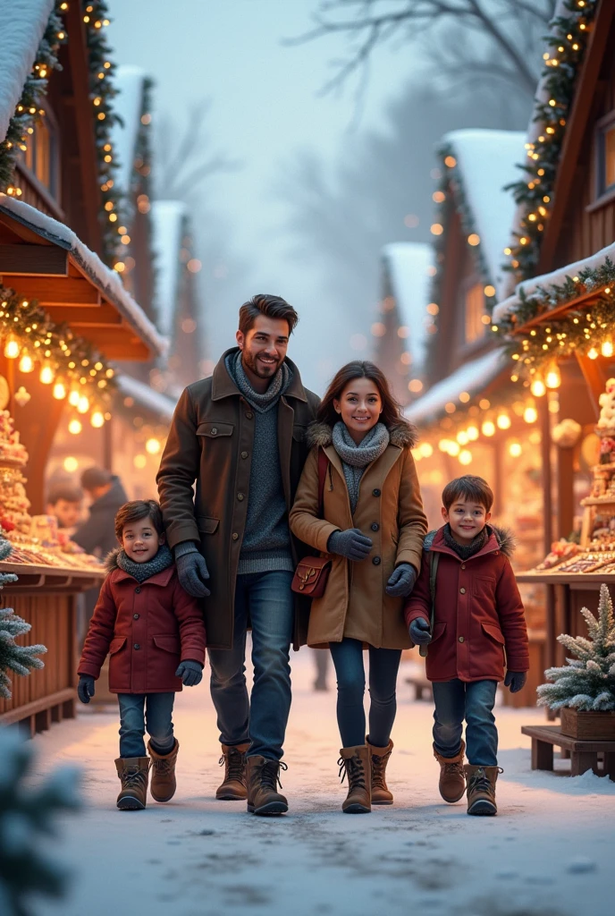papa, maman et deux petits garçon se baladent sur un marché de Noël de face,  avec des décorations de Noël magnifique et de magnifiques chalet, sous la neige, hyper réaliste beauté