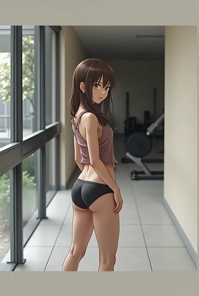 1 young girl, thick legs, big butt, Brown hair, (in a gym)