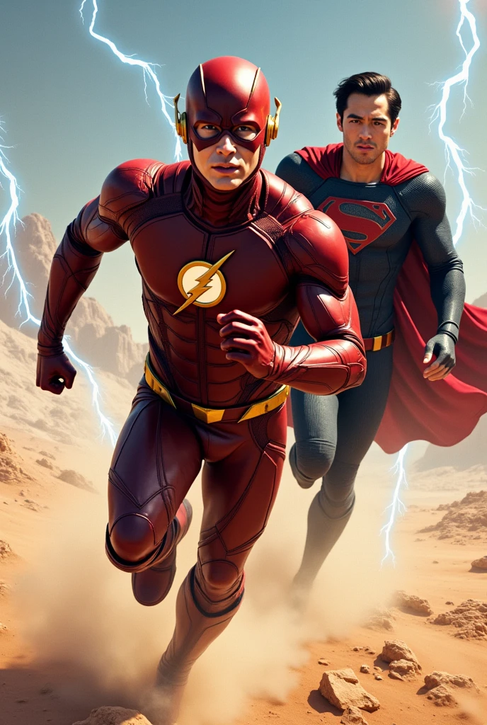 I want an illustration of Ezra Miller's Flash with Asian features and an aquiline nose., with large copper armor on his body and running in the desert between blue electric rays and chased behind by Zod who flies with Henry Cavill's face without a helmet flying with his black armor and the black cape that flies and the shield with the silver letter S on his chest, Shooting red rays from his eyes