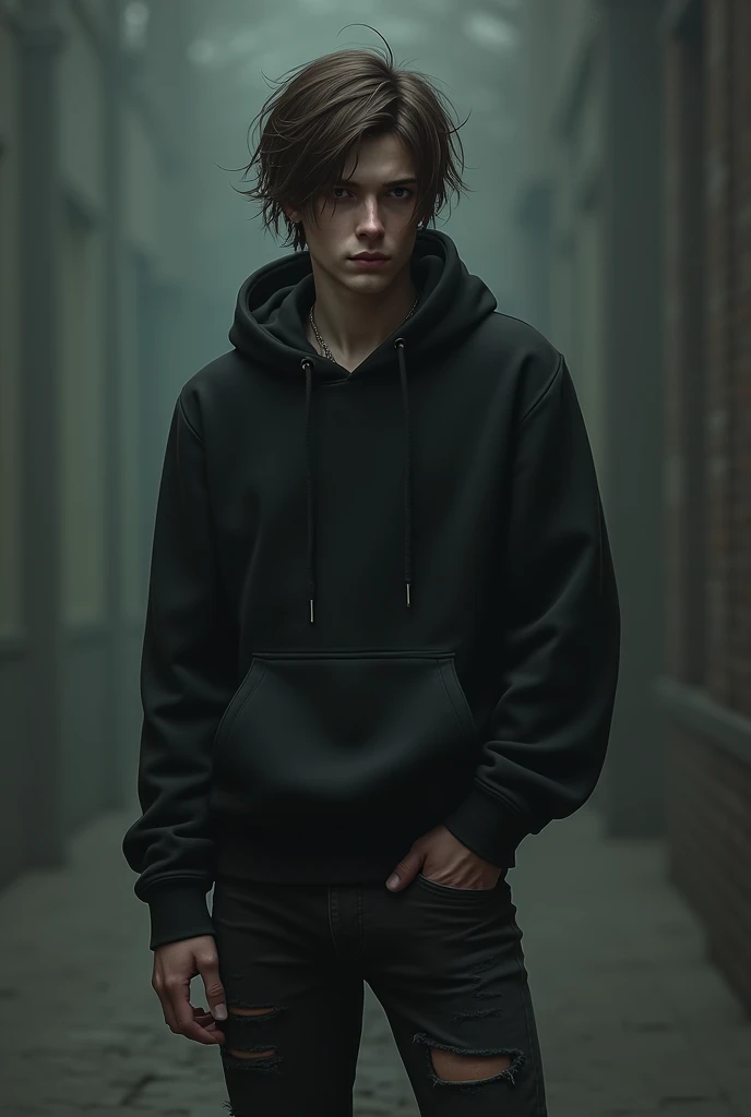 A man with brown hair, emo clothes and emo valk pants, black eye color