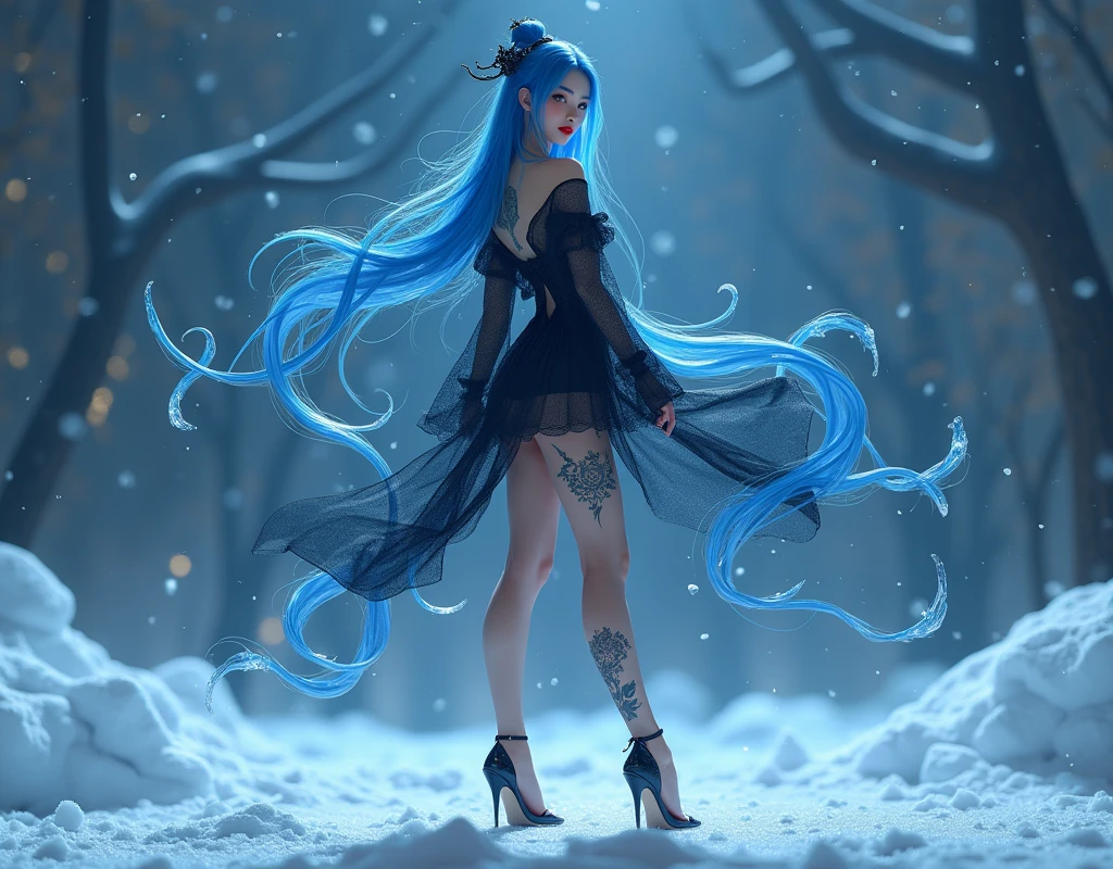 3D, very hot and sexy, jaw-dropping beauty, perfect proportions, beautiful body, slim body beauty:1.4), Chinese 3D, A girl stands in the snow at night, wearing a Black, Tight shirt, mini skirt, skirt, long skirt l, Effect of blue water flowing in the air, tattoo, blue hair, red lip, Stockings, high heel, long hair, magic realistic