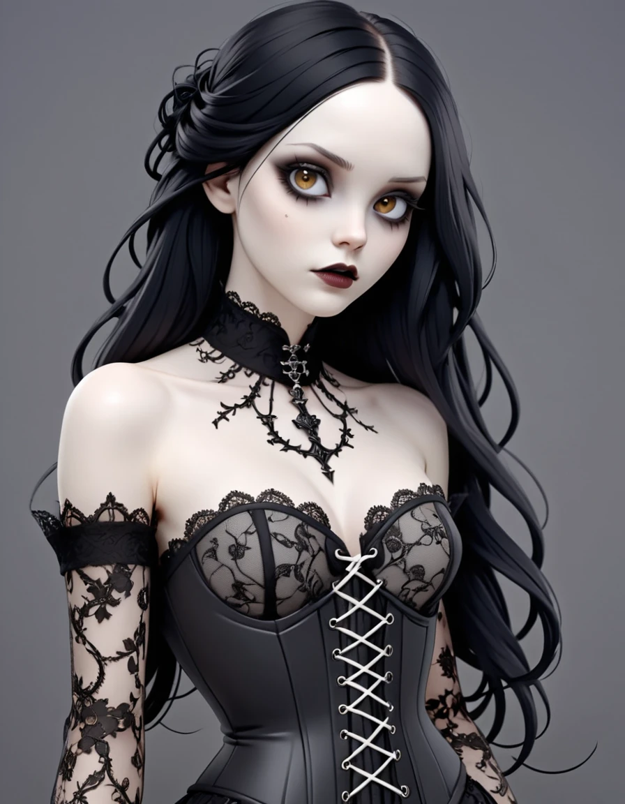 gothic girl, clear brown eyes, porcelain white skin, long loose black hair, No hair accessories. long black lace and corset dress. Not naked. gothic goddess. estilo 3d. Background behind grey.
