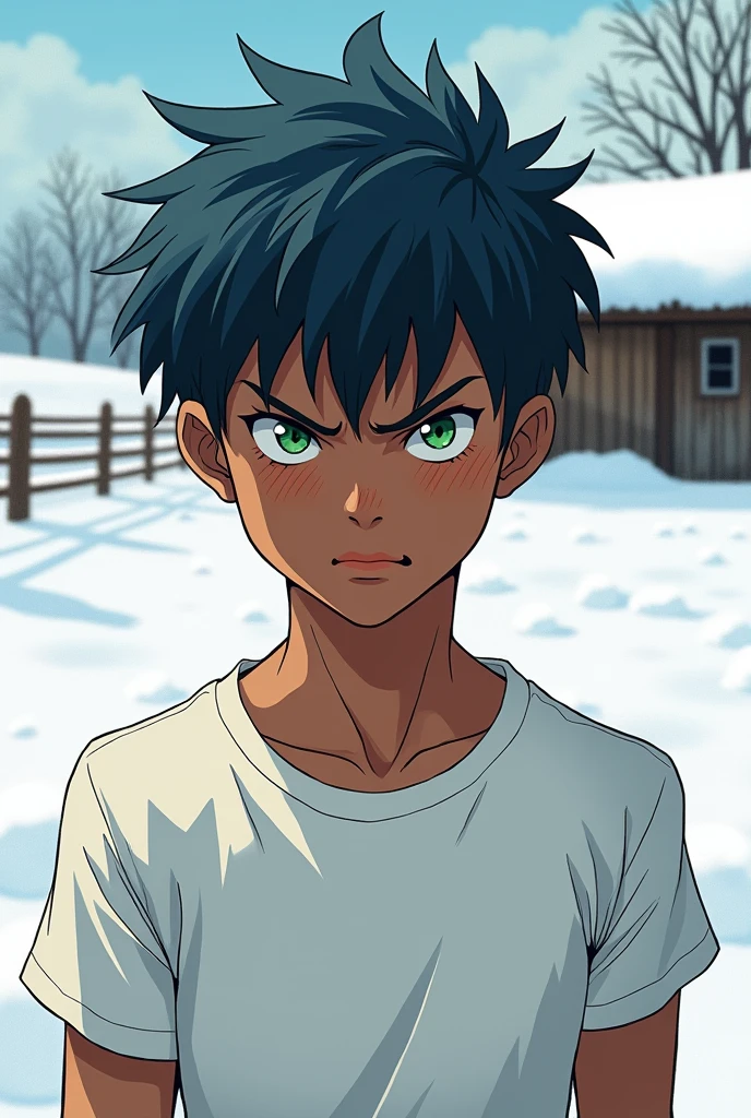 Young dark-skinned boy, dark blue hair, green eyes, muscular, White shirt, sweaty and hot look, snowy background behind with a rustic farm. Strict but blushing look. Manhwa comic drawing style 